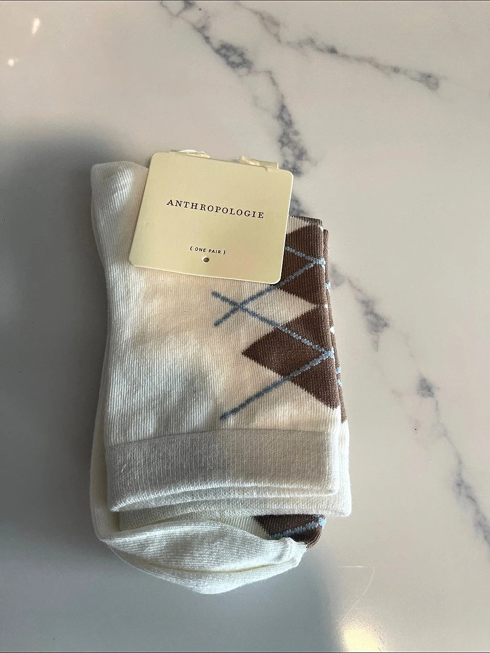 Anthropologie Argyle Trouser Socks Geometric Cotton Blend Socks in White & Brown